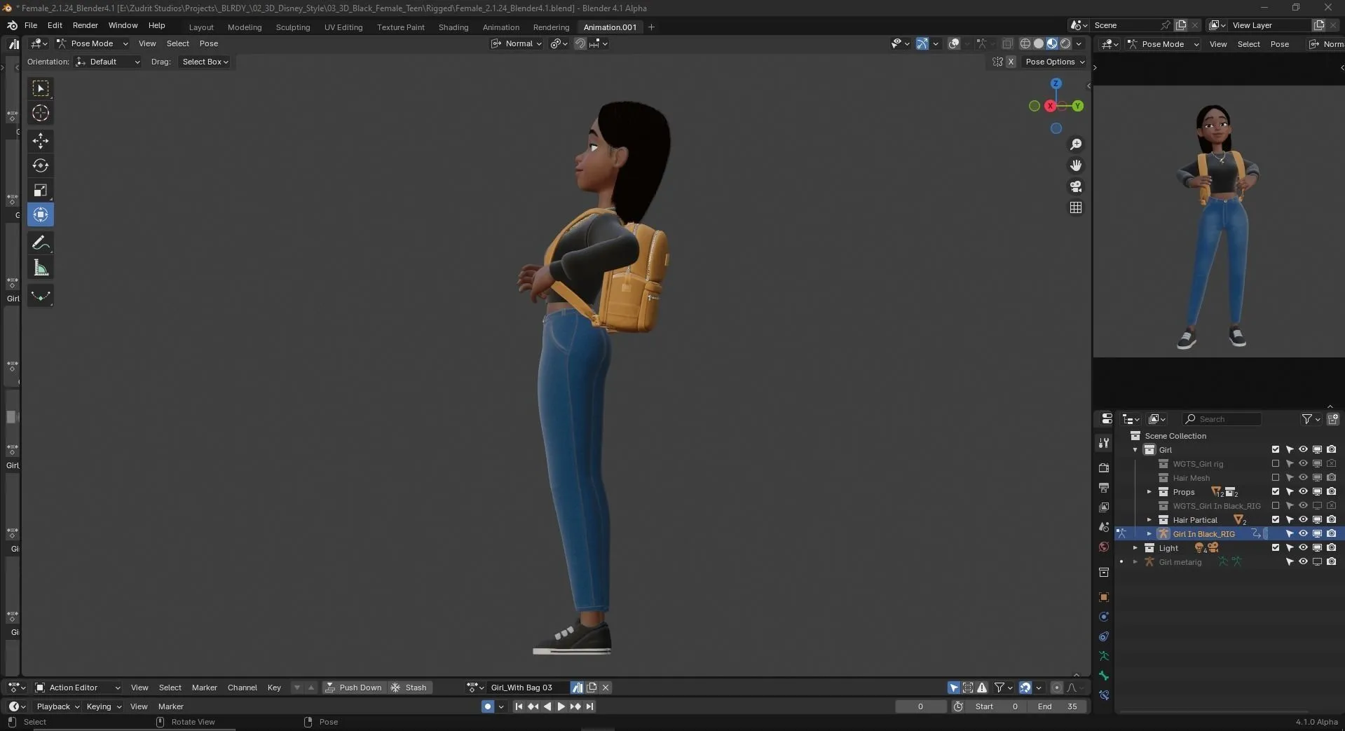Cartoon Black Woman Teen rigged 3D model action pose